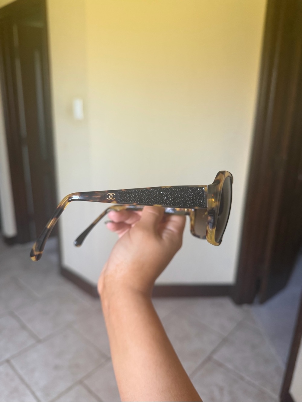 CHANEL Tortoise Shell Sunglasses with Black Crystal-Studded Temples